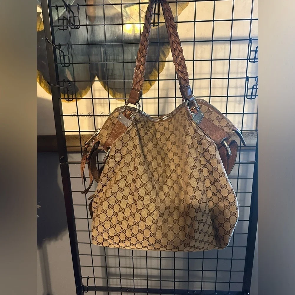Gucci Tan and Brown Monogram large Shoulder Bag